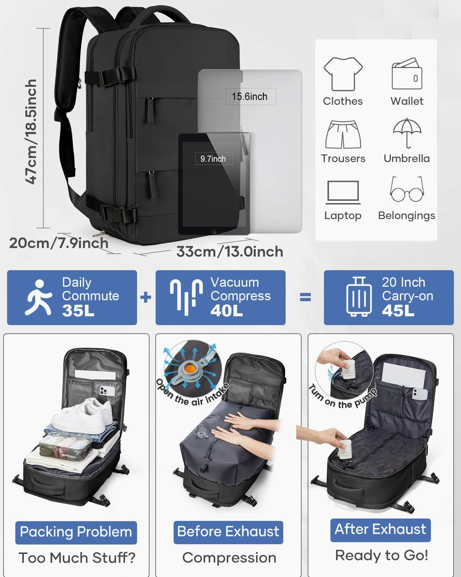 SZLX Zaino Ryanair 40x30x20 Sottovuoto Zaino da Viaggio 40x20x25 Ryanair Wizzair Donna da escursionismo impermeabile Zaino Casual Laptop da 14 Pollici con porta di ricarica USB Scomparto per Scarpe
