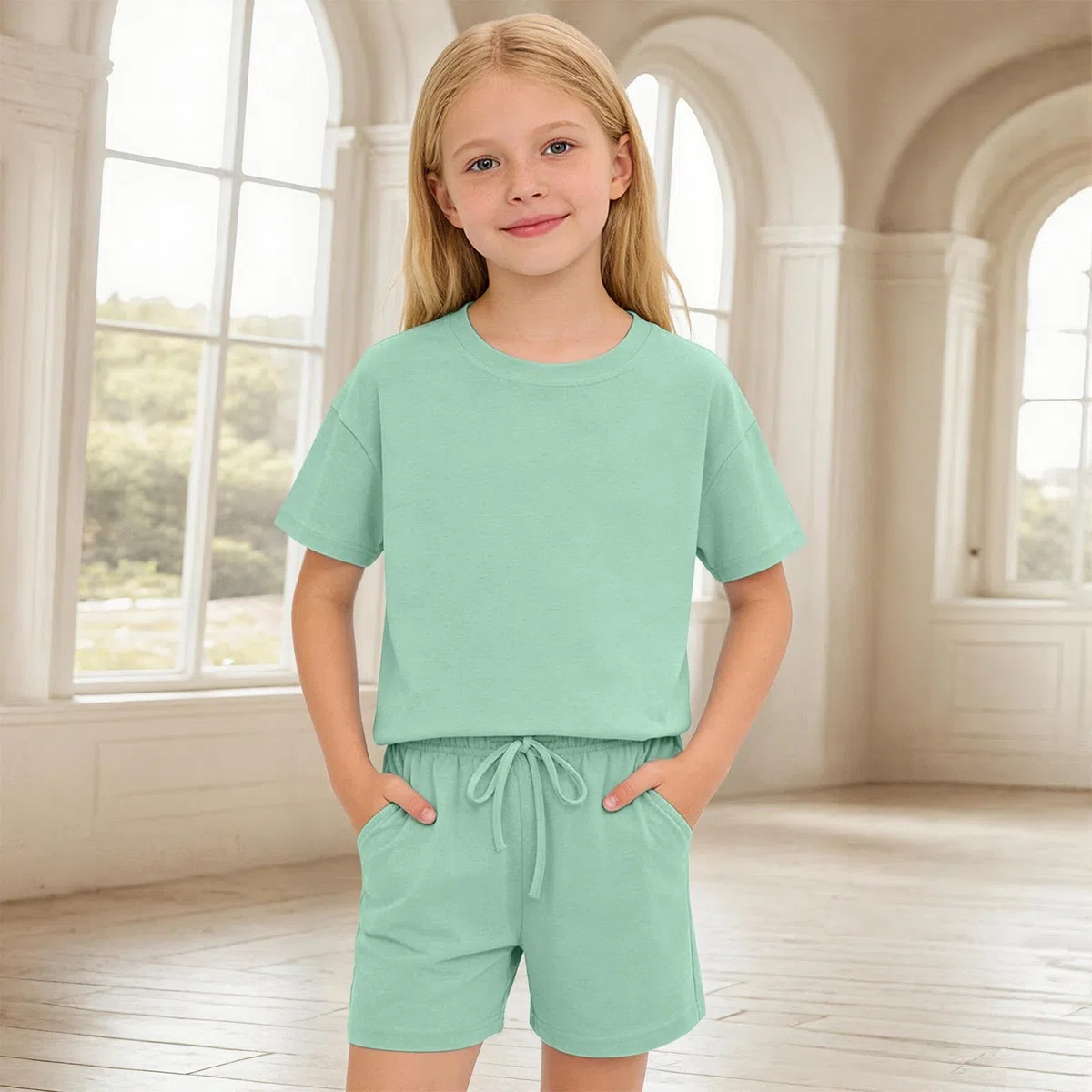 Generico Completo Bambino Set di Abbigliamento Bambini 2 Pezzi in Cotone T Shirt Manica Corta Pantaloncini Elastici Completo Estivi Tuta Sportivi Casual Tinta Unita Completi Elegante Bambina