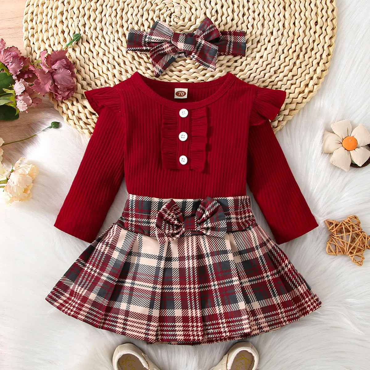 Abiti Gonna Set per Neonata Tutina con Volant a Maniche Lunghe + Gonna Scozzese con Fascia 3 Pezzi Autunnale Set di Vestitini Carini per Neonati
