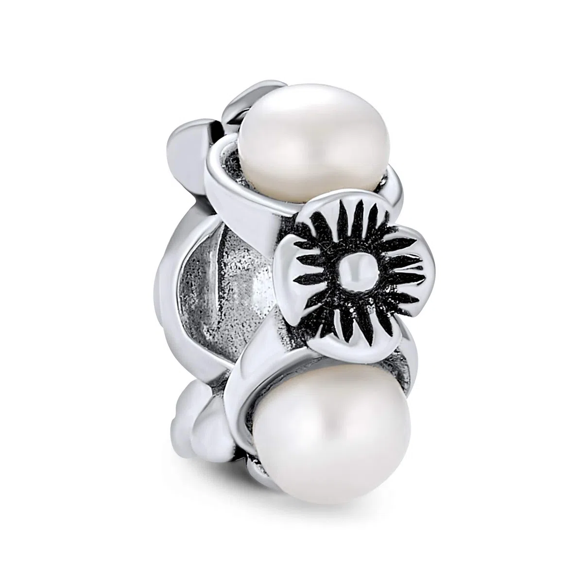 Bling Jewelry Perla Bianca Simulazione Fiore Sottile Distanziatore Charm Per Donne Adolescenti .925 Argento Adatto A Bracciale Europeo