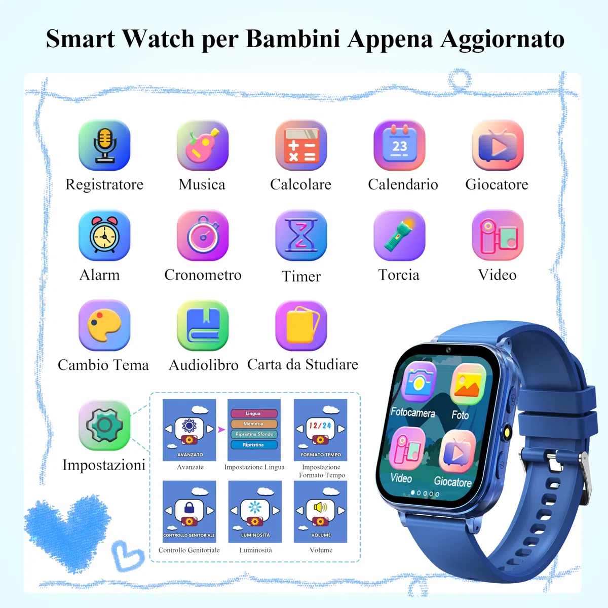 KALINCO Smartwatch Bambini Uomo Donna, 20+ Funzioni Orologio Ragazza Ragazzo, 30+ Giochi Sveglia Calcolatrice Contapassi Fotocamera Musica Torcia Abitudine Formazione, Bambino 5+ Anni Natale Regalo