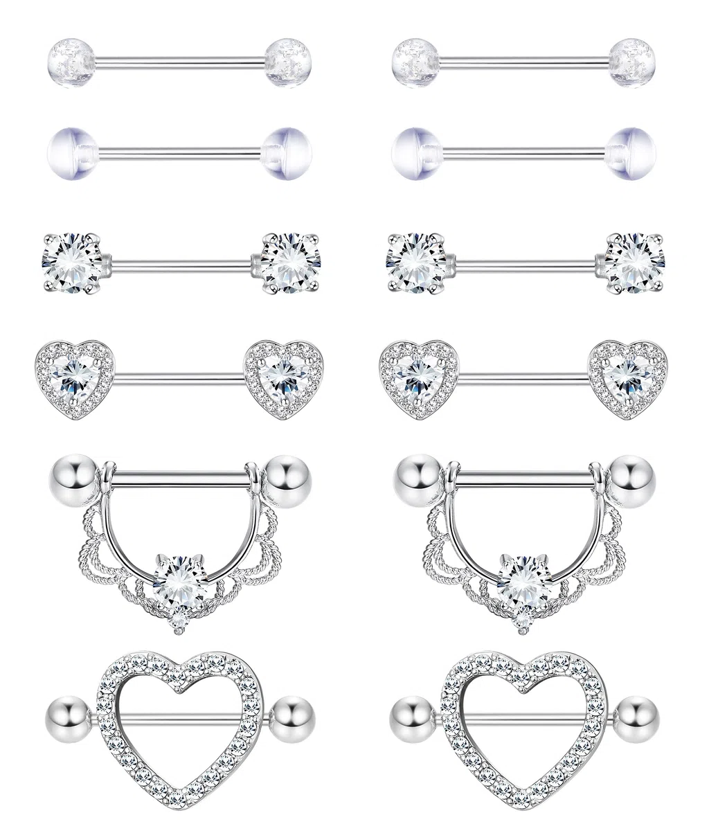 Diamday 6 Paia Piercing Capezzolo 316L Acciaio Chirurgico Piercing Lingua 14G Capezzolo Anelli Ipoallergenico CZ Cuore Nipple Piercings Barre Lingua Barbells Capezzoli Corpo Piercings for Donna