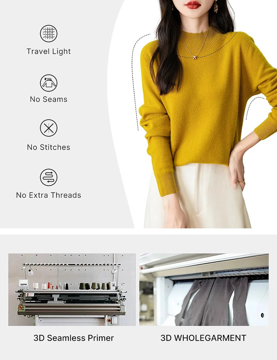 Chanyarn Maglione da Donna in 100% Lana Merino Collo Alto Demi Lavorato a Maglia Senza Cuciture a Maniche Lunghe