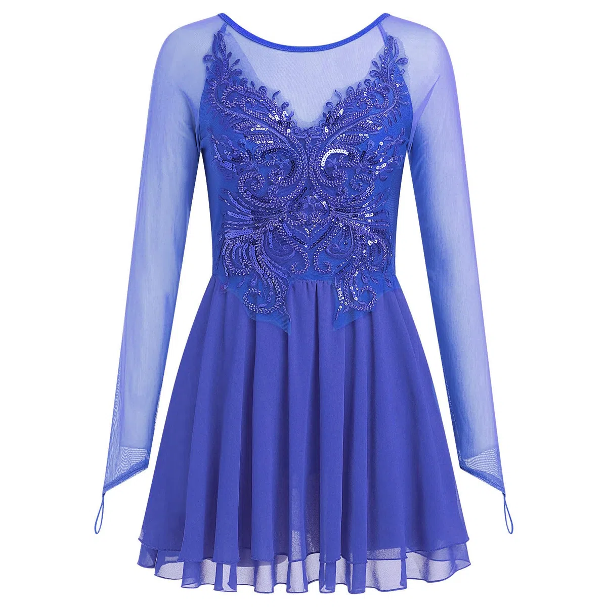 FYMNSI Abito da ballo da donna, pattinaggio artistico, a maniche lunghe, per pattinaggio, concorrenza, da ballo con paillette, fiori in rete, chiffon