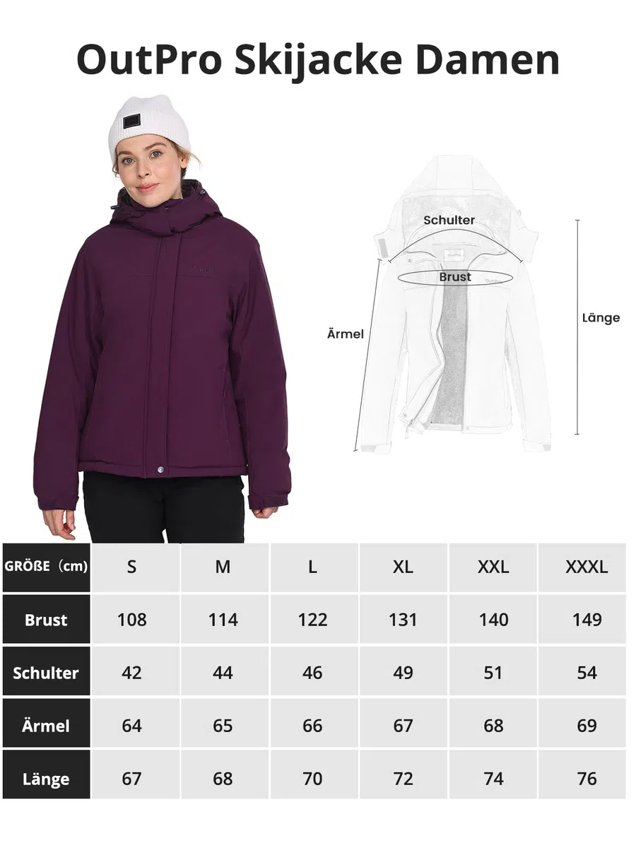 OutPro Giacca da sci invernale da donna, in pile caldo, impermeabile, da snowboard