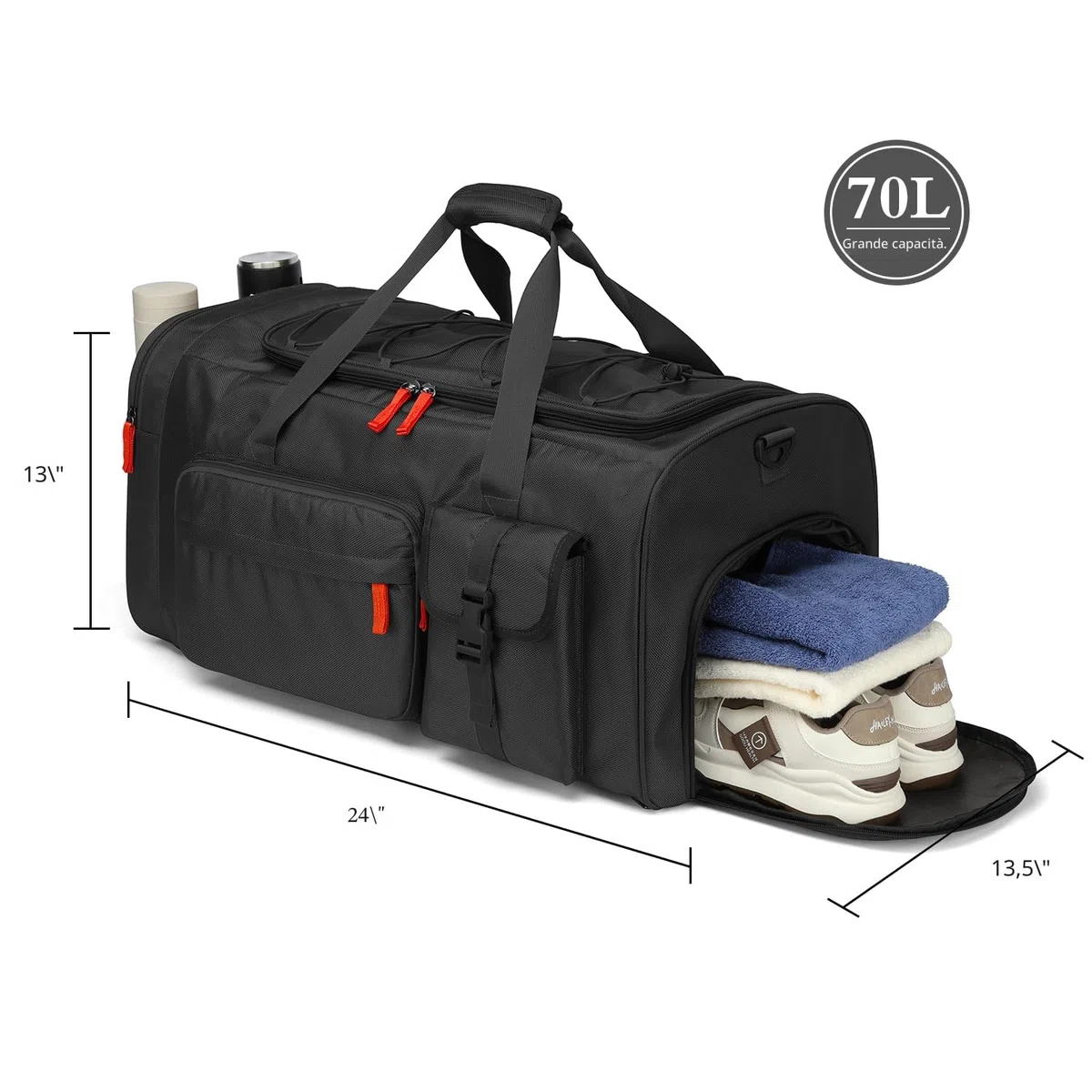 Borsa da Viaggio e Borsone Sportiva da Uomo 70L Grande Zaino Palestra con Porta Scarpe per Viaggio, Campeggio, Sport, Nero