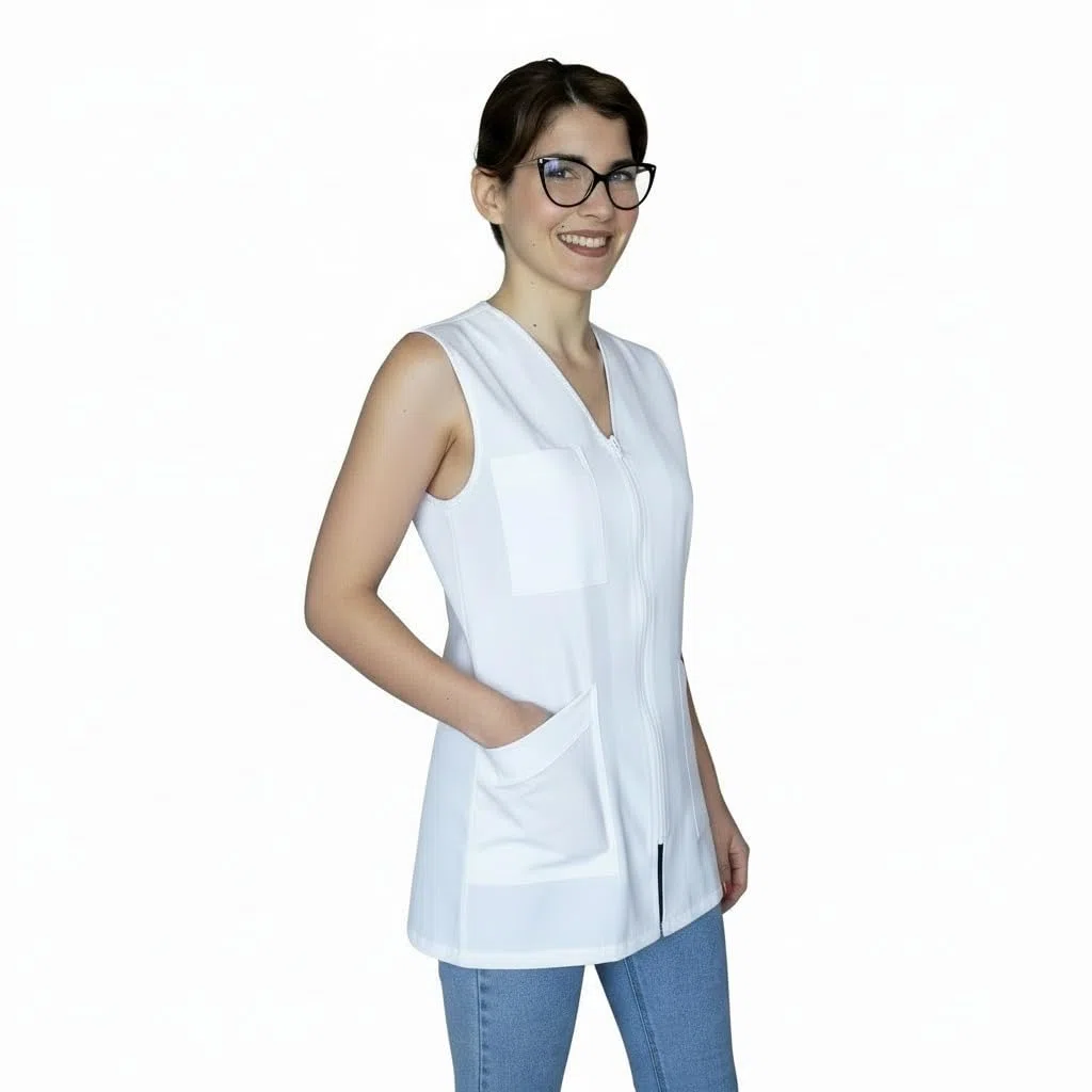 Casacca Donna con Zip, Senza Maniche, con Tasche, Bianco e Nero