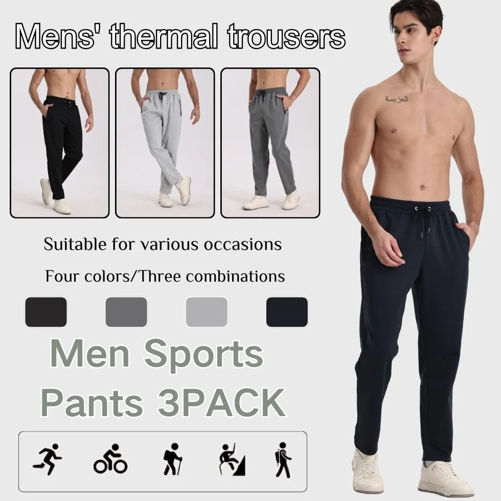 Pantaloni da jogging da uomo, confezione da 3, da jogging, da uomo, sportivi, con cerniera, traspiranti e flessibili