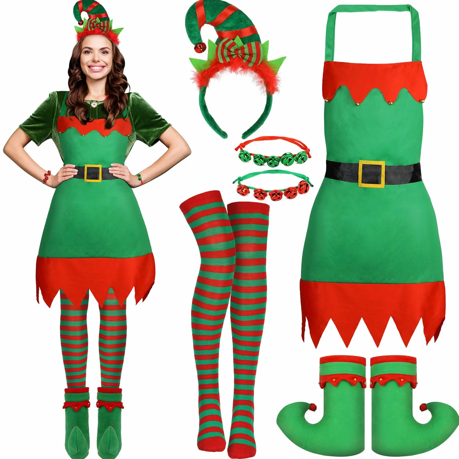 Costume Elfo Donna Uomo,Grembiule Natale Elfo Grembiule Cerchietto Elfo Calze Scarpe Elfo Costume Natale Accessori Elfo Cosplay Festa di Natale per Adult