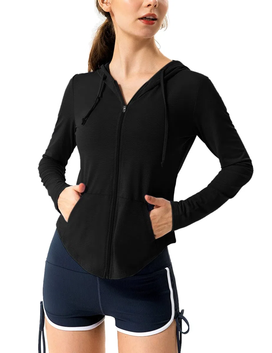 Donne Maniche lunghe UPF 50+ Protezione solare Giacca Cappuccio Camicia fitness con tasche Yoga Zip completa Atletica