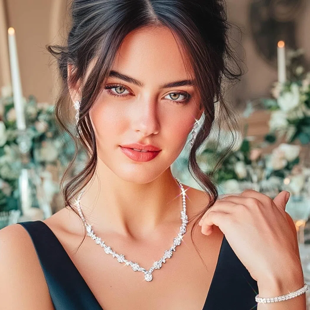 Set di gioielli da sposa in argento con strass da sposa e orecchini, set di gioielli in zirconia cubica per donne e ragazze (XT-031)