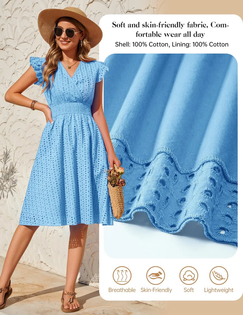 Abito Estivo Donna Scollo a V Vestito Donna Cotone Senza Maniche con Volant Elegante Vestiti Estivi Corti Jacquard Leggero Abiti Vita Alta Mare da Spiaggia con Tasche Casual Moda
