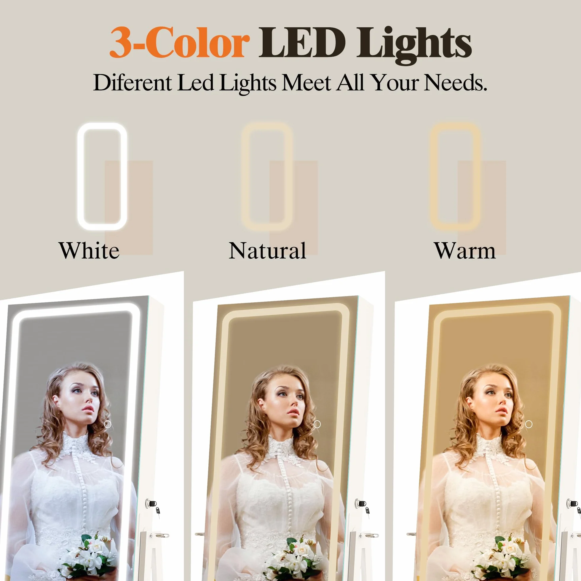 STARLEAD Specchio LED per Gioielli, Armadio Organizzatore da Terra, Lunghezza Intera, con Luce a 3 Colori Regolabile, Funzione Memoria, Fodera in Velluto, Ampio Spazio di Archiviazione, Bianco