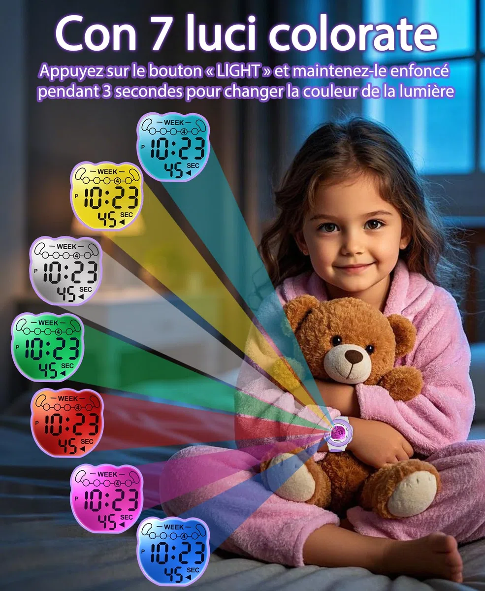SOCICO Orologio digitale per bambini, resistente all'acqua 5ATM, orologio per bambini illuminato a 7 colori con sveglia e cronometro per bambine e bambini dai 5 ai 12 anni.