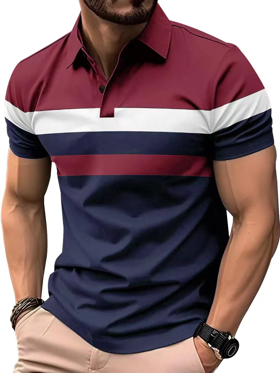 Polo da Uomo Maniche Corte T-Shirt Colorati Patchwork Maglietta Casual
