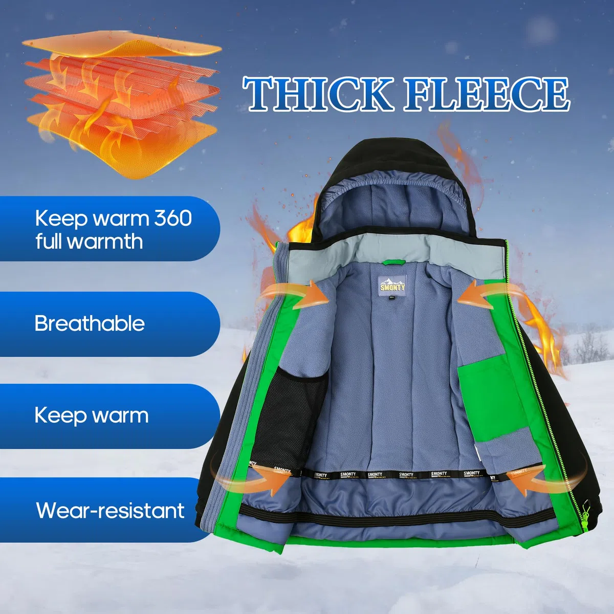 SMONTY SNOWER - Tuta da sci per ragazzi, con cappuccio rimovibile, extra caldo, invernale