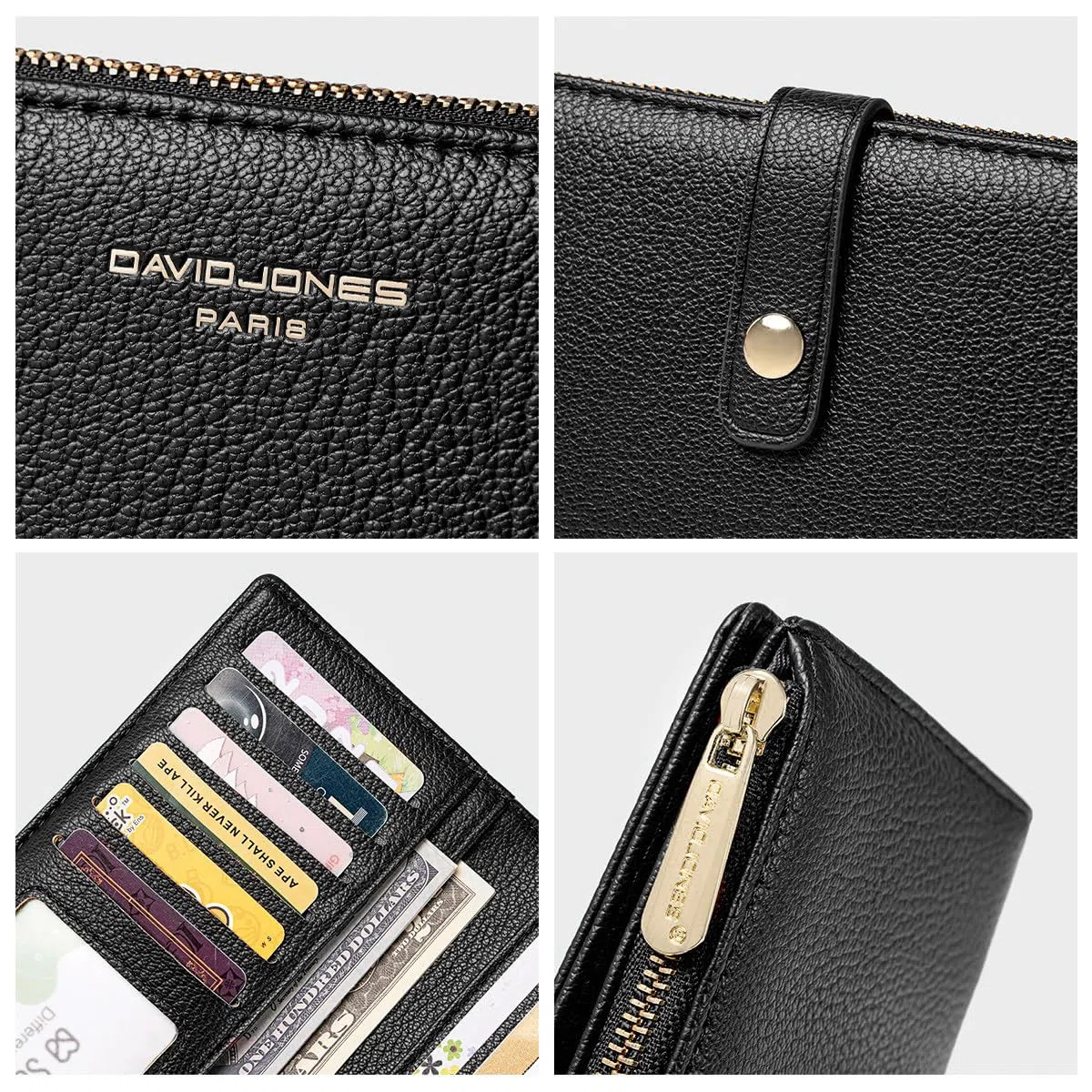 David Jones - Portafoglio Donna Compatto Simil Pelle PU - Porta Carte Lungo Portamonete Elegante - Scomparti per Banconote e Monete - Nero