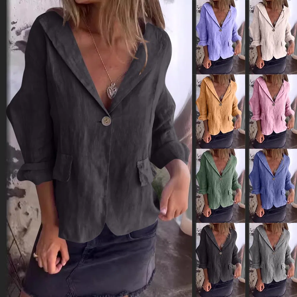 shownicer Donna Solido Open Front Manica Lunga Tuta Blazer Button Lino Capispalla Cappotto Lungo Donne in Cotone e Lino Cappotti Outwear Casual Blazer