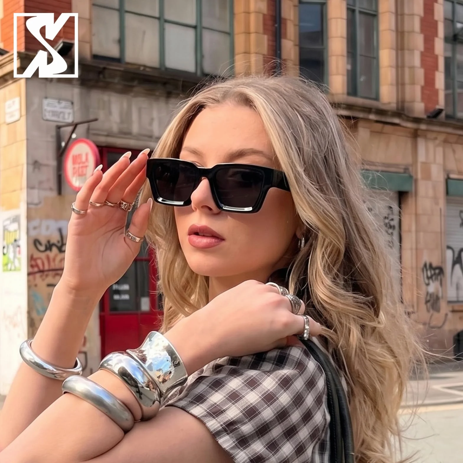 SHEEN KELLY Retangle spesse con occhiali da sole robusti rettangolari per donne uomini alla moda classici stretti piazza nera di tartaruga telaio in tela da sole