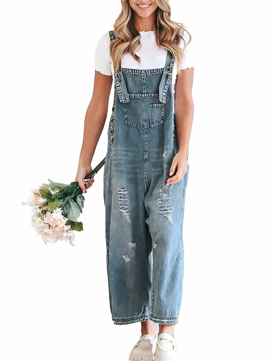 Tuta da donna vintage, casual, in denim, larga, larga, regolabile, con pantaloni