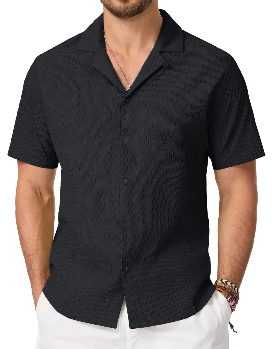 Cavva Camicie da uomo Cuban Guayabera Casual Manica Corta Button Down Camicia testurizzata Leggera Estate Spiaggia Camicie hawaiane