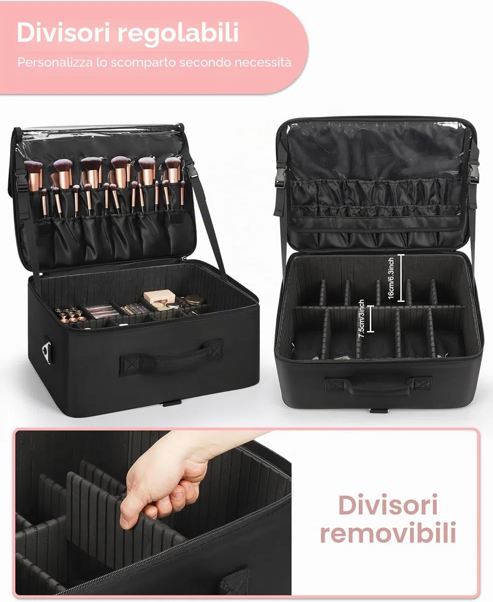 Relavel Valigetta da trucco XXL professionale organizer portapennelli 4 tasche trasparenti piastra rossetto tracolla scomparti regolabili