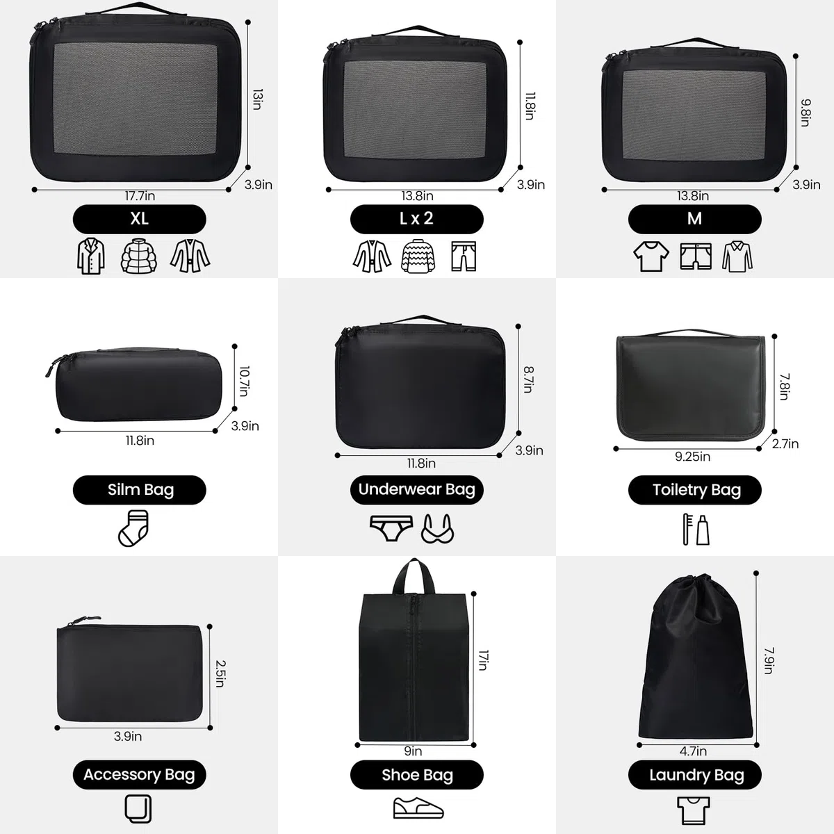 Cubi da viaggio per valigia, set da 10, organizer leggeri per bagagli Cubi da viaggio per accessori da viaggio - Nero