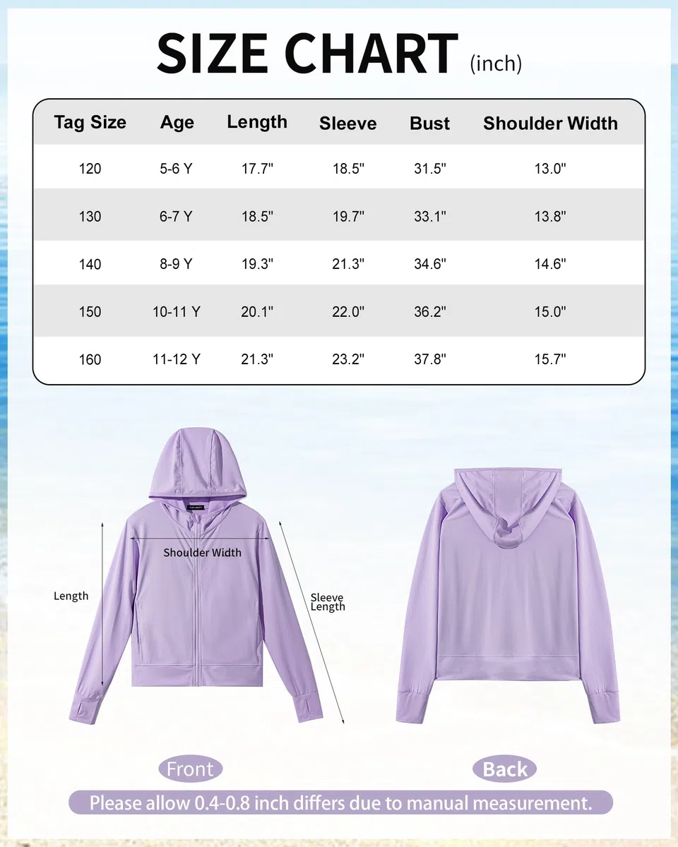 Rolanko Giacca Estiva per Ragazze con Fori per i Pollici Manica Lunga Protezione Solare Asciugatura Rapida Felpa con Cappuccio con Cerniera Top Rash Guard per Bambini