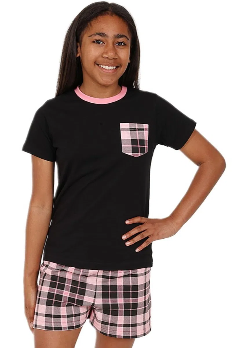 thepyjamafactory Pigiama da Bambina in Cotone Corto con Gamba Scozzese Nera e Rosa per Bambini