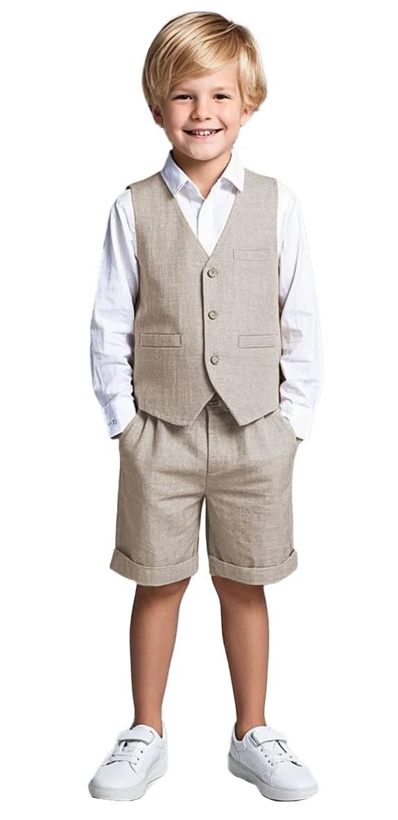 Set da smoking per bambini in lino, 2 pezzi, con gilet e pantaloni corti, per l'estate, spiaggia, matrimonio, per bambini