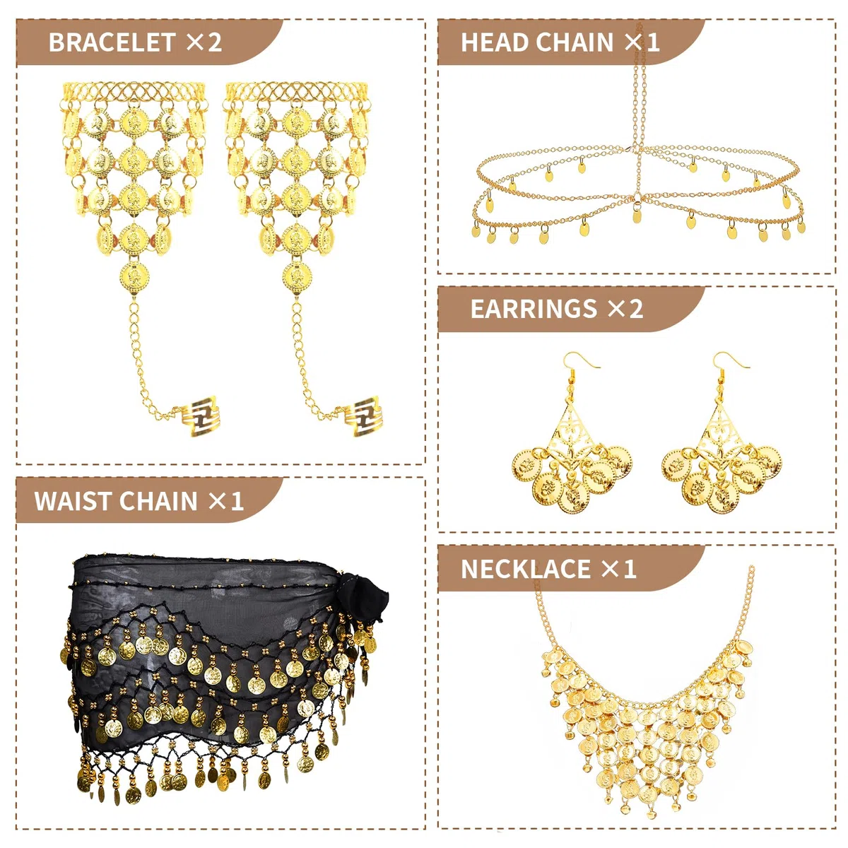 Baisdan 7 Pezzi Cintura di Danza del Ventre Donna Set, con Monete d'oro Orecchini, Collana, Braccialetti, Copricapo, Sciarpa Danza del Ventre per Halloween, Carnevale, Spettacoli