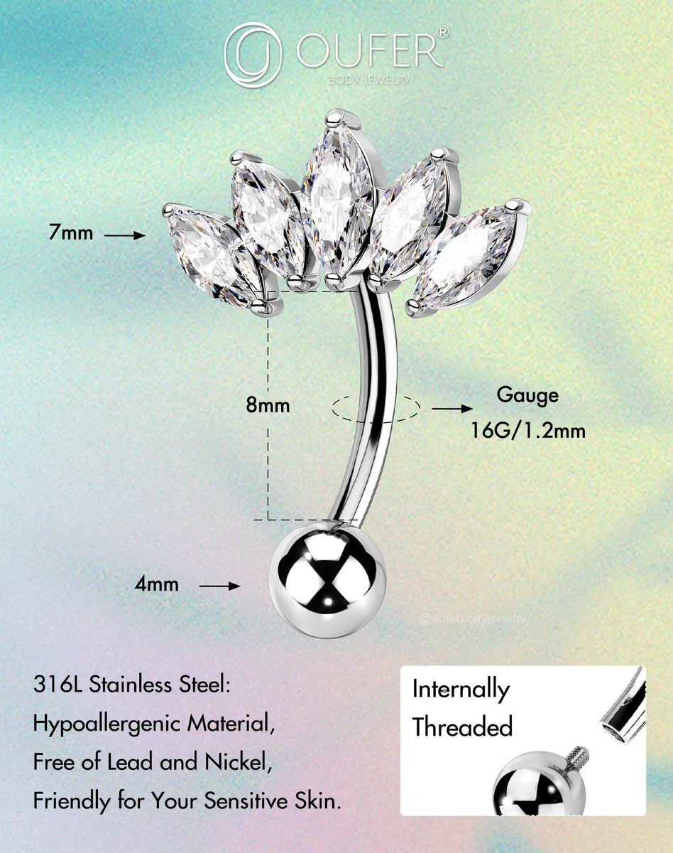 OUFER 16G Curvo Rook Piercing 8 mm Cartilagine Piercing Filettato Interno Acciaio Chirurgico 316L Curved Barbell CZ Trasparenti per Donna Uomo Eyebrow Piercing