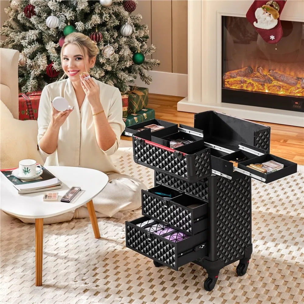 Yaheetech Valigetta Trucchi Trolley Make Up Valigia con 2 Cassetti Ruote Girevoli 360° Beauty Case da Viaggio Rigido Per Estetista Professionale 34,5×24,5×58 cm Nero