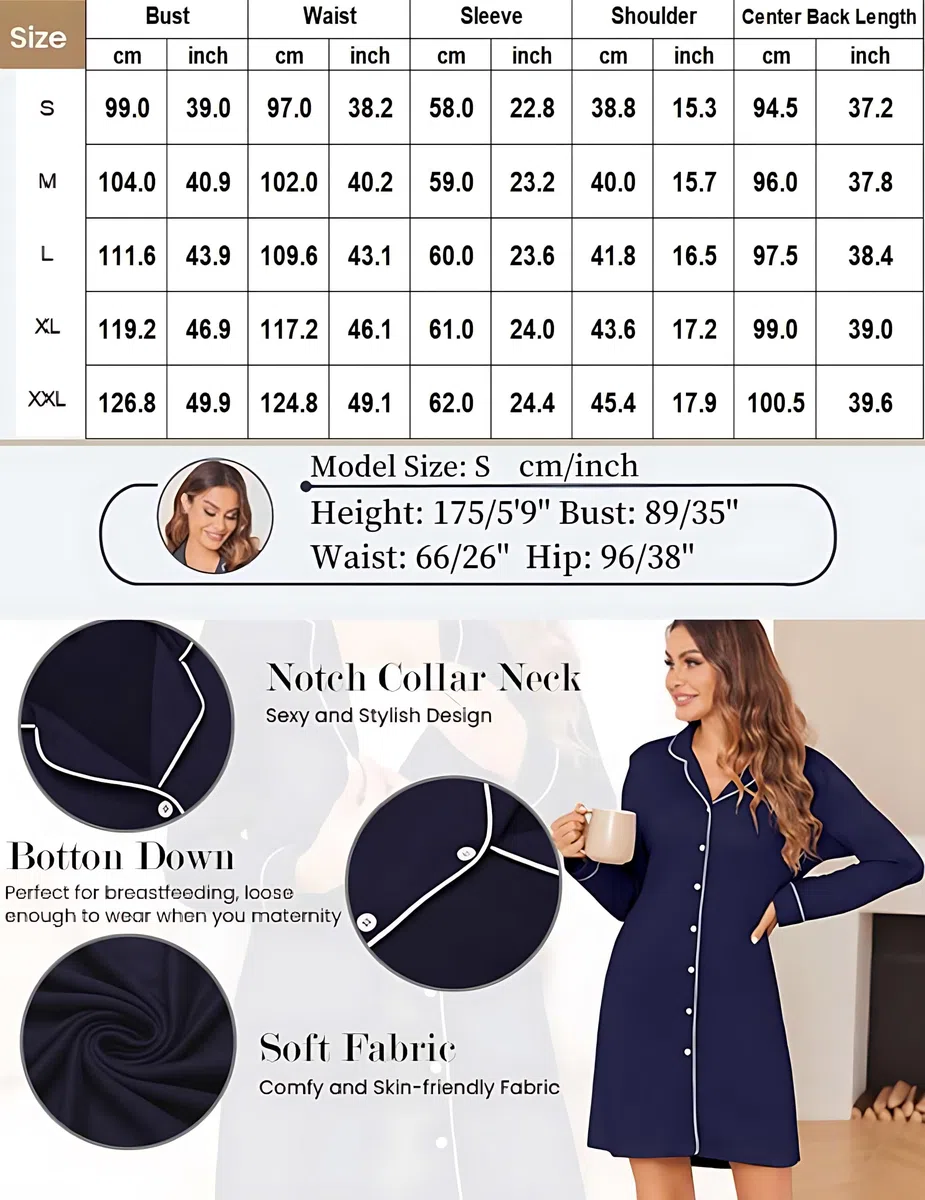 Ekouaer Camicia da Notte Donna Invernale Manica Lunga Parto Ospedale Aperta Davanti Bottoni Allattamento Premaman S-XXL