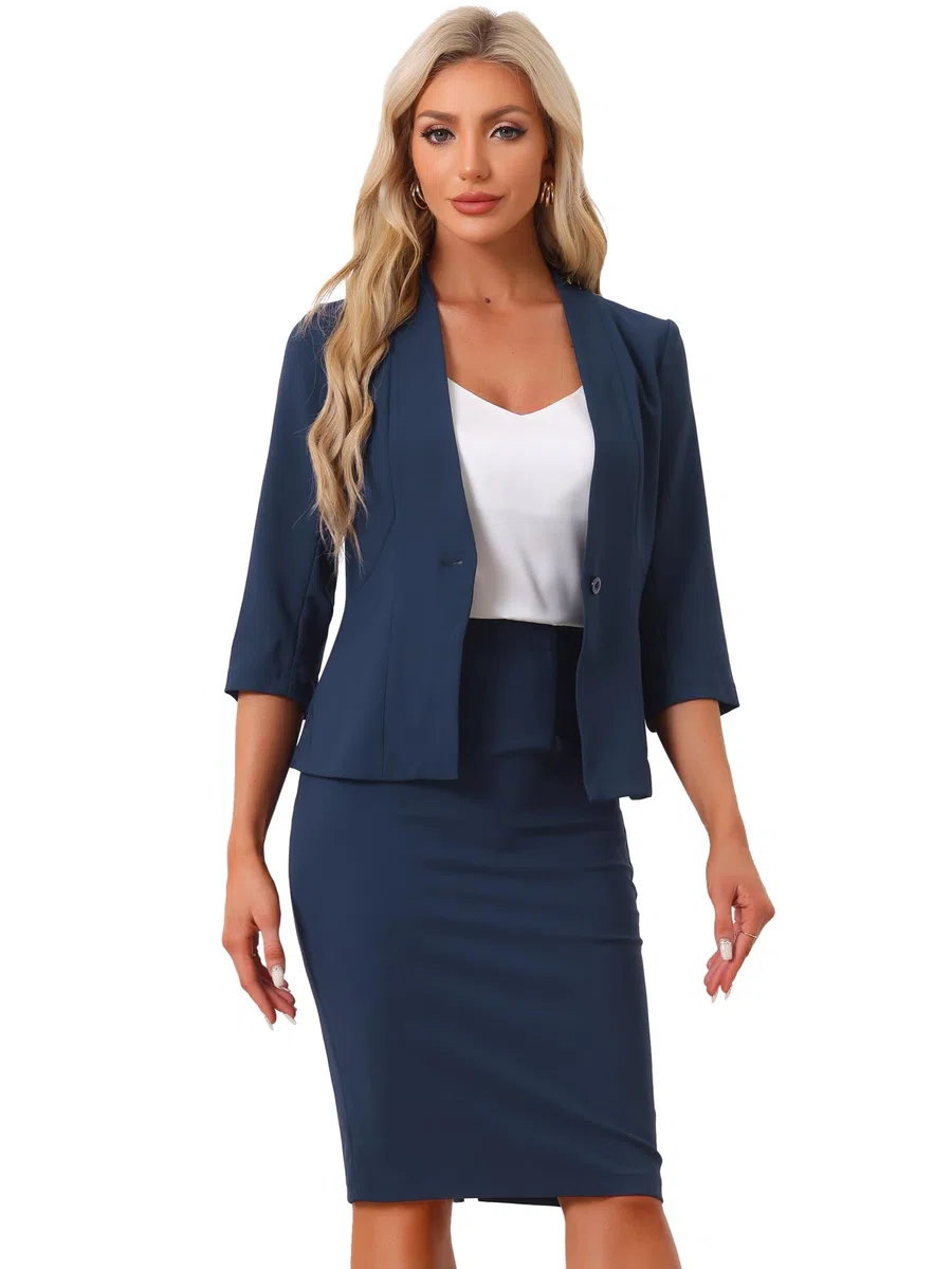 Allegra K Donna Set Gonna da Lavoro per Gonna A Tubino Blazer Senza Colletto in 2 Pezzi da Ufficio Blu Navy L