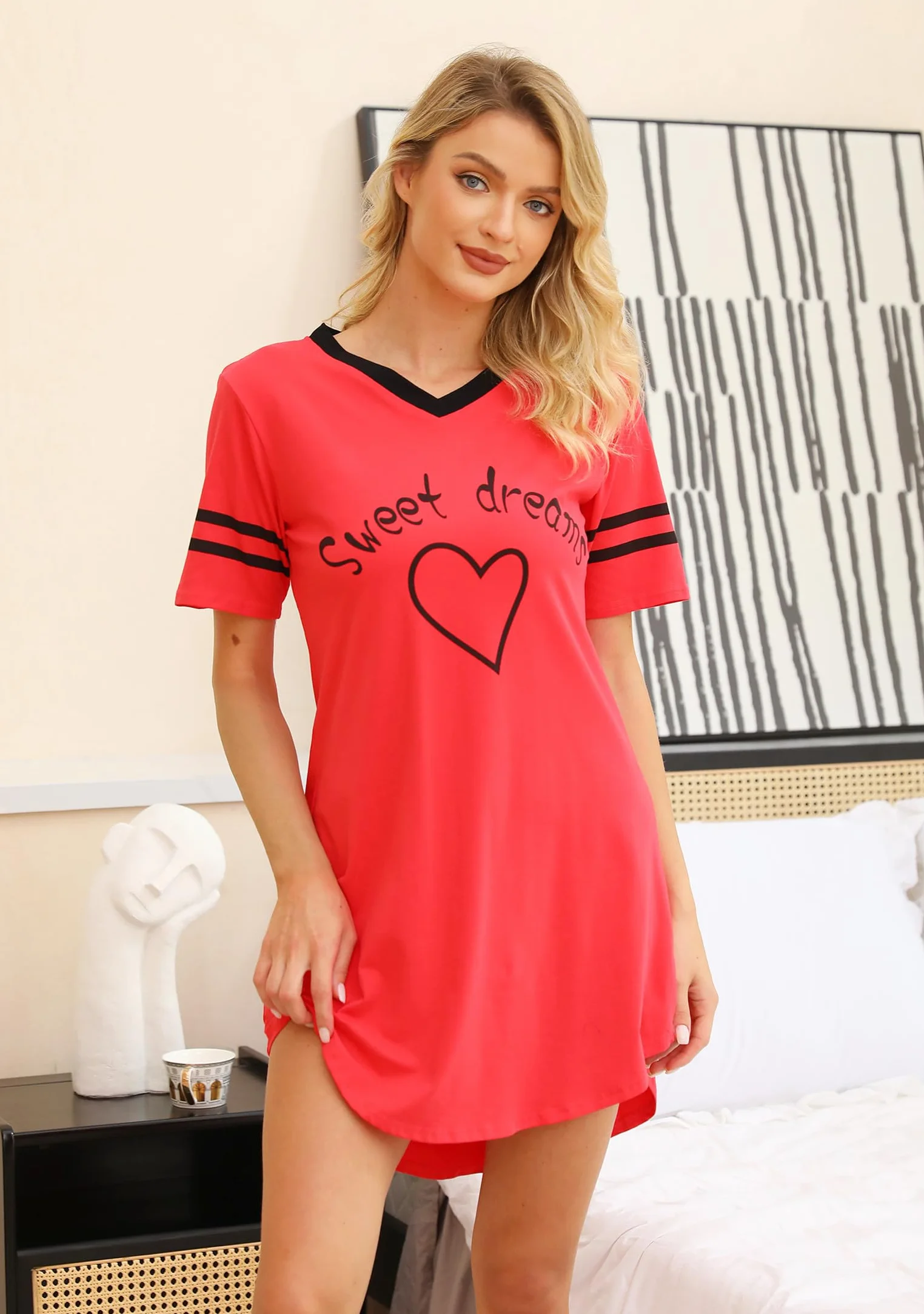 Litherday Camicia da Notte da Donna in Cotone Allentato Pigiama Loungewear Abito da Notte a Maniche Corte Camicia da Notte Casual