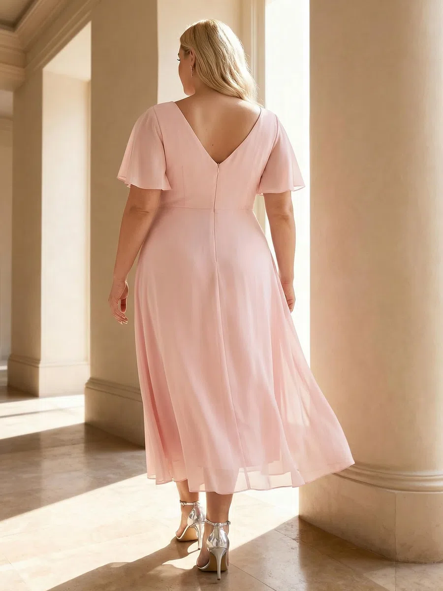 Ever-Pretty A Line V Neck Chiffon Maniche Corte Alto Basso Lunghezza Al Ginocchio Plus Size Abiti da sposa per le donne Curvy 01923-DA