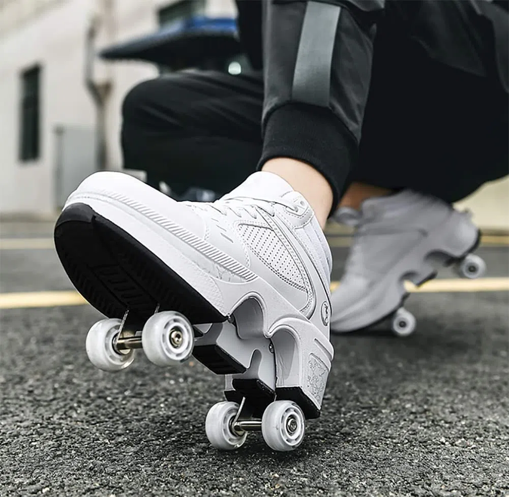Scarpe con Ruote 2 in 1 per Bambini e Ragazzi, Skateboard, Scarpe da Ginnastica Multiuso, Pattini a Rotelle Quad, Moda, Regalo di Compleanno, Unisex, Bianco, 35 EU
