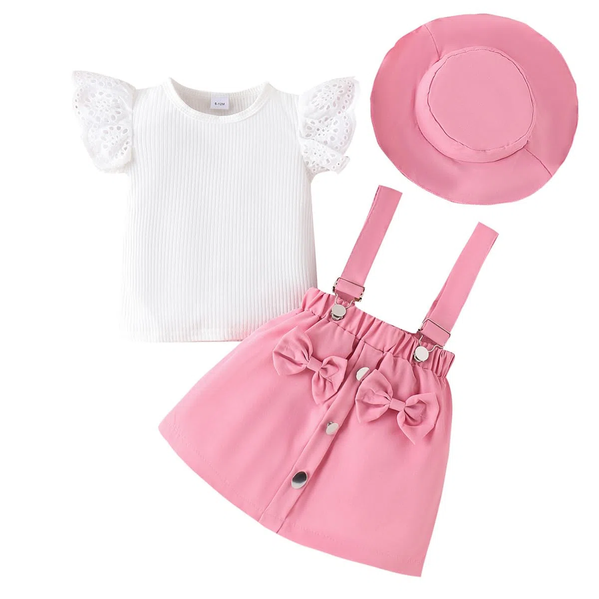 Bambina Gonne Set Estivi Manica Corta con Volant Coste Top + Bowknot Bretelle Abito+ Cappello Estivi Abiti 3Pcs Completo Bambine