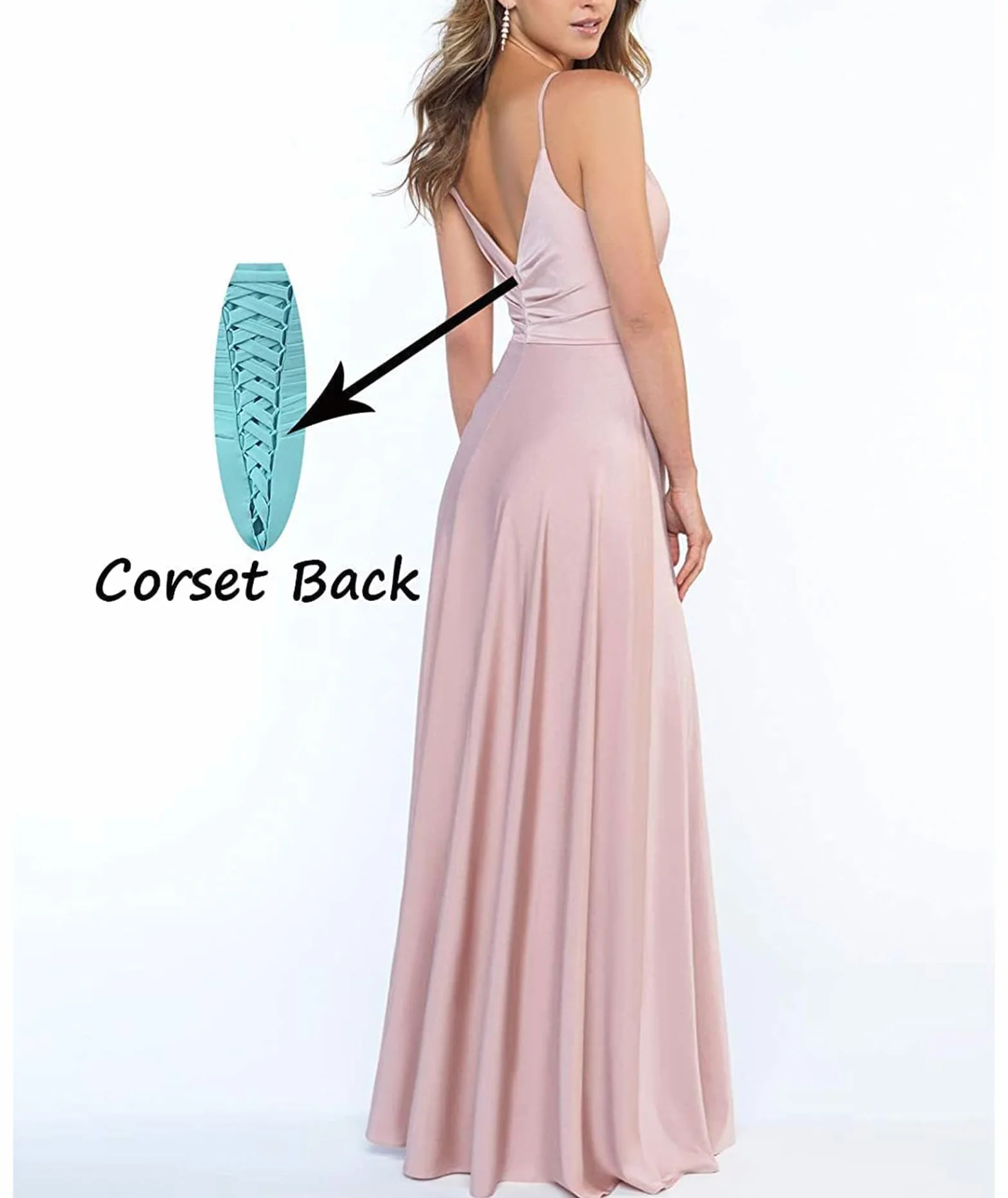 xxxiticat Abito da donna con scollo a V, spalline sottili, lungo, in raso, linea ad A, per damigella d'onore, formale, in raso, con spacco