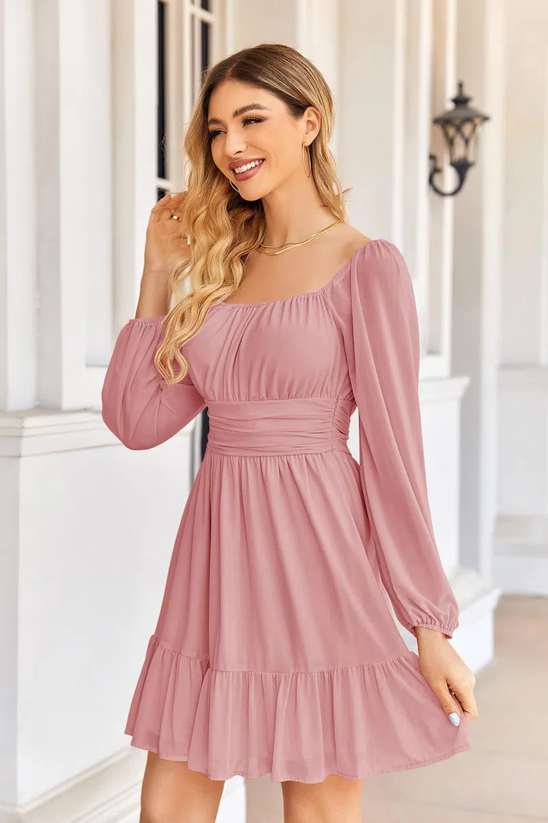 Imily Bela Abito da donna con scollo quadrato, in rete, a vita alta, pieghevole, a maniche lunghe, con volant