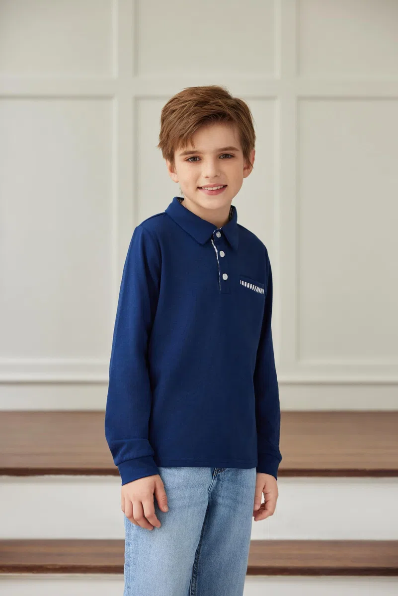 Arshiner Maglietta Polo a Maniche Lunghe per Bambino, Camicia Elasticizzata con Colletto con Dettaglio a Quadri e Taschino, Elegante e Morbida per Scuola e Autunno, 5–12 Anni