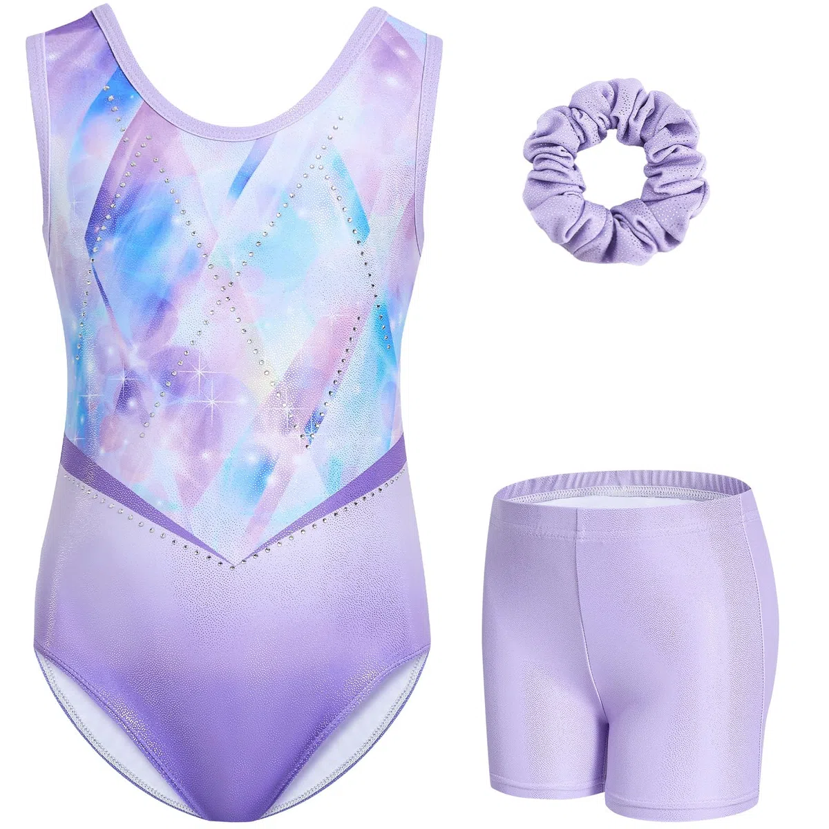 Gogokids Set da ginnastica da bambina, senza maniche, con strass, 3 pezzi, body con pantaloncini e cravatta, scollo a rete impiombato, abbigliamento da ginnastica per ragazze dai 3 ai 12 anni