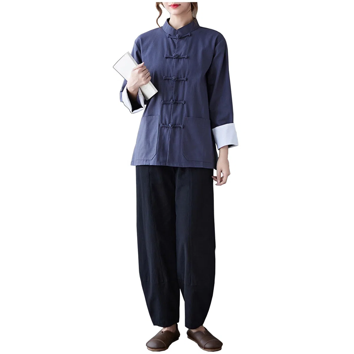 Uniforme Tradizionale Tai Chi per Abbigliamento da Donna In Cotone a Maniche Lunghe per Set di Arti Marziali Kung Fu,Blue-L