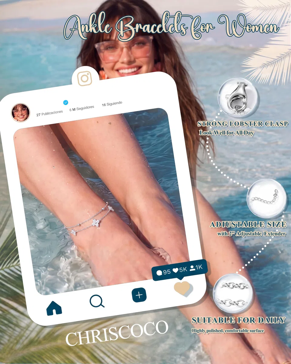 Chriscoco Cavigliera Donna Argento 925 Regolabile Cavigliera Argento 925 Cavigliere Farfalla Cuore CZ Doppio Impermeabili Cavigliere Spiaggia Gioielli per Donna Ragazza