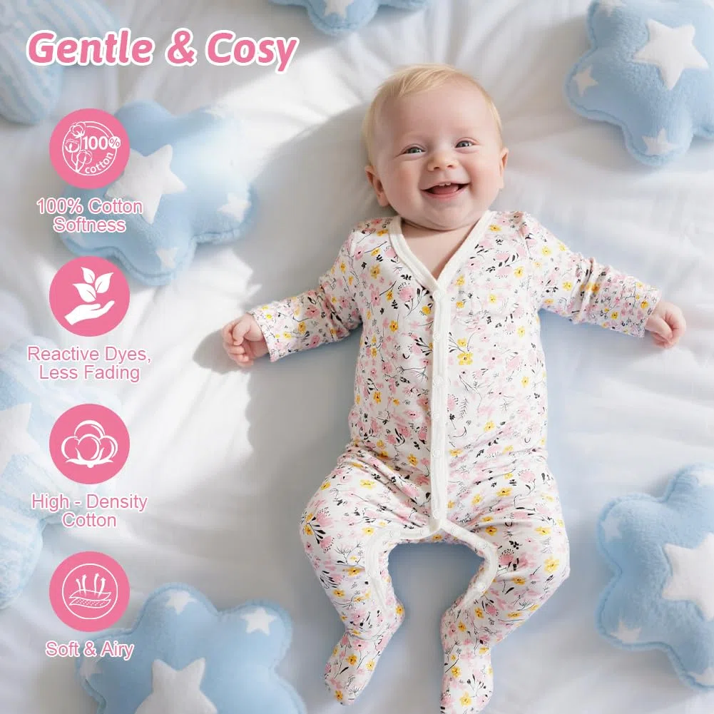 Vicloon Tutine per Bambini, Tutine per Neonati in 100% Cotone, Pigiamino per Neonato, a Maniche Lunghe, Senza Piedi, Tutina Aderente da Neonato per 3-6 Mesi Bambini e Bambine
