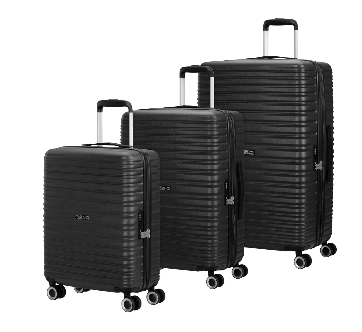 American Tourister Aerotech - Set di valigie rigide da 3 pezzi (bagaglio a mano, medio, grande), espandibile, set di trolley con lucchetto TSA - nero (nero metallizzato)