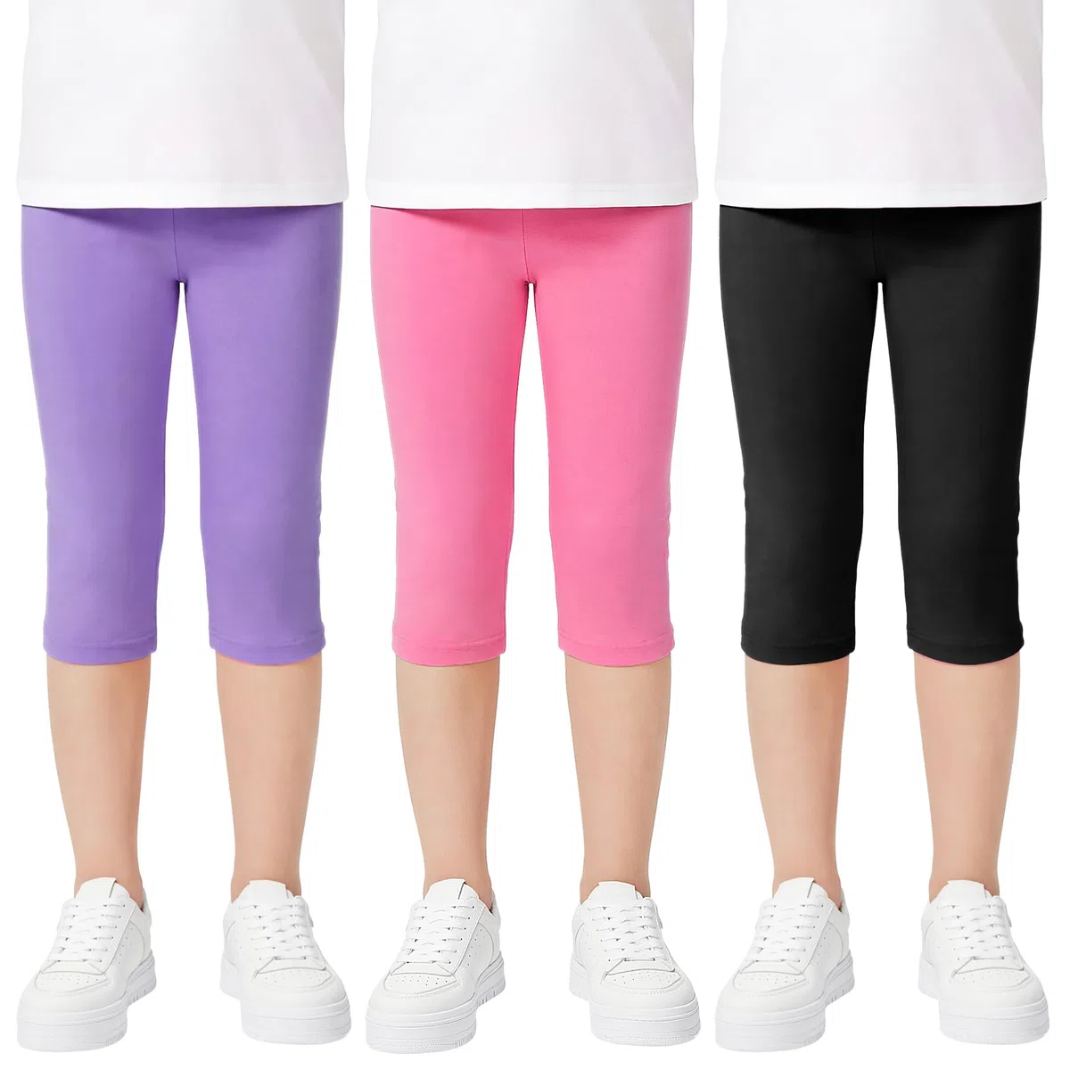 Leggings per Ragazze Cotone 3/4 Pantaloni, Pacco da 3, Traspirante Elasticizzati Casual Tinta Unita Estivi Capri Legging Bambina Sportivo Danza Ginnastica Abbigliamento 6-13 Anni