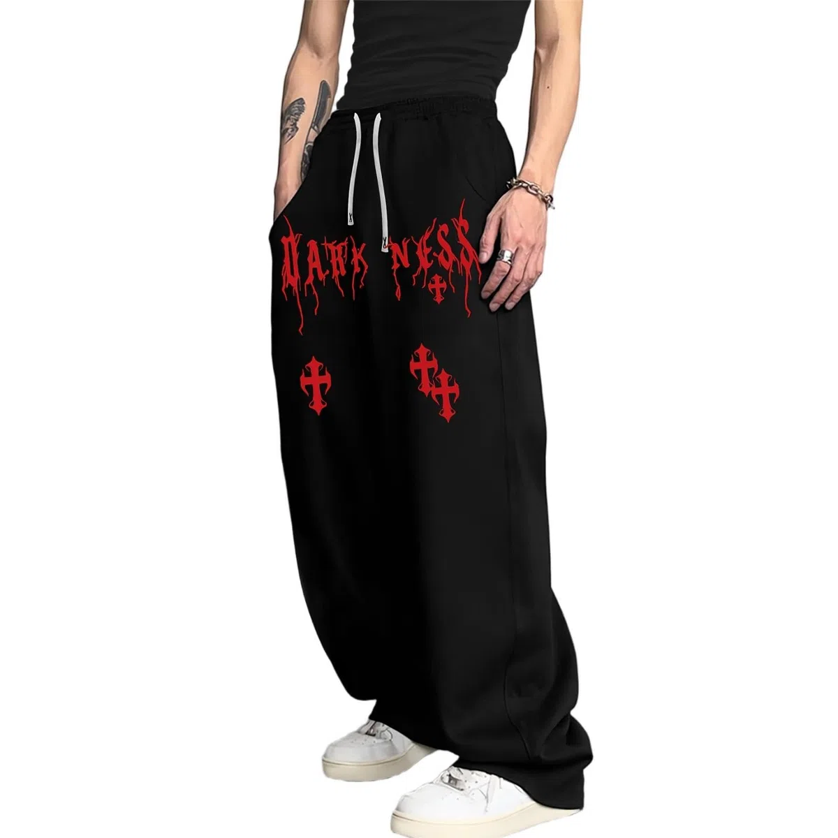 Y2K Pantaloni Larghi Palestra Uomo Gotico Pantaloni Tuta Uomo Baggy - Pantaloni Jogging a Gamba Larga Casual Sportivi Orlo Aperto con Tasche