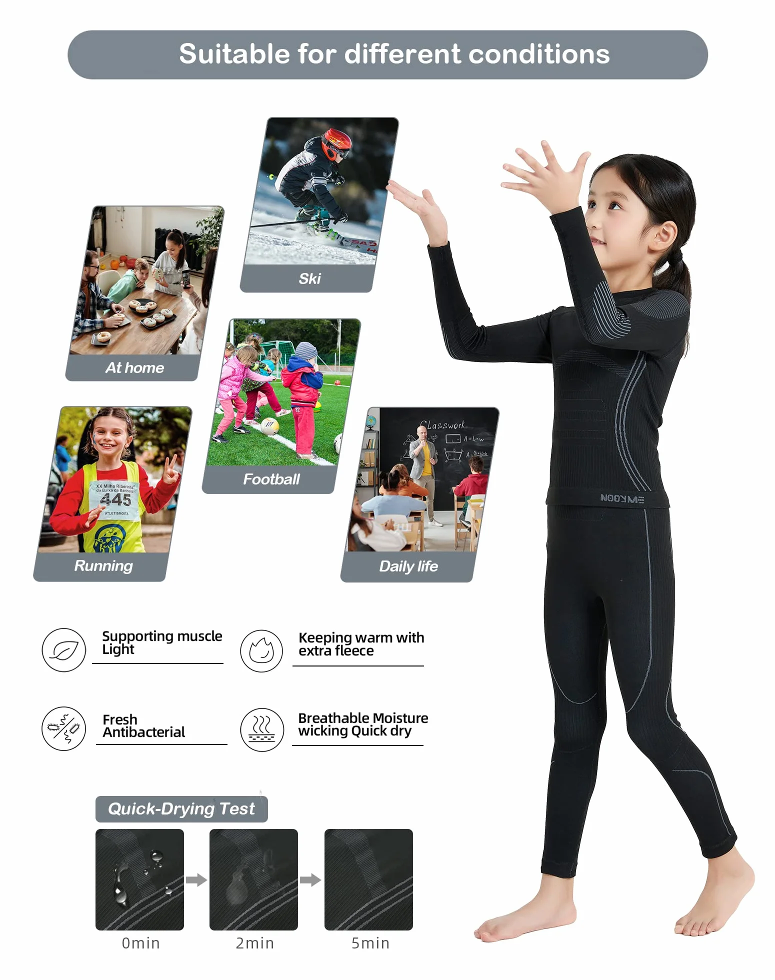 NOOYME Intimo Termico Bambino Biancheria Intima Termica Bambina Pantaloni e Maglia Termica Traspirante Asciugatura Rapida per Sci Corsa Calcio